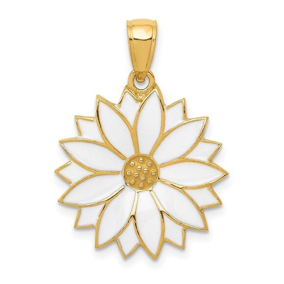 14k Yellow Gold 19mm White Enameled Daisy Blossom Pendant